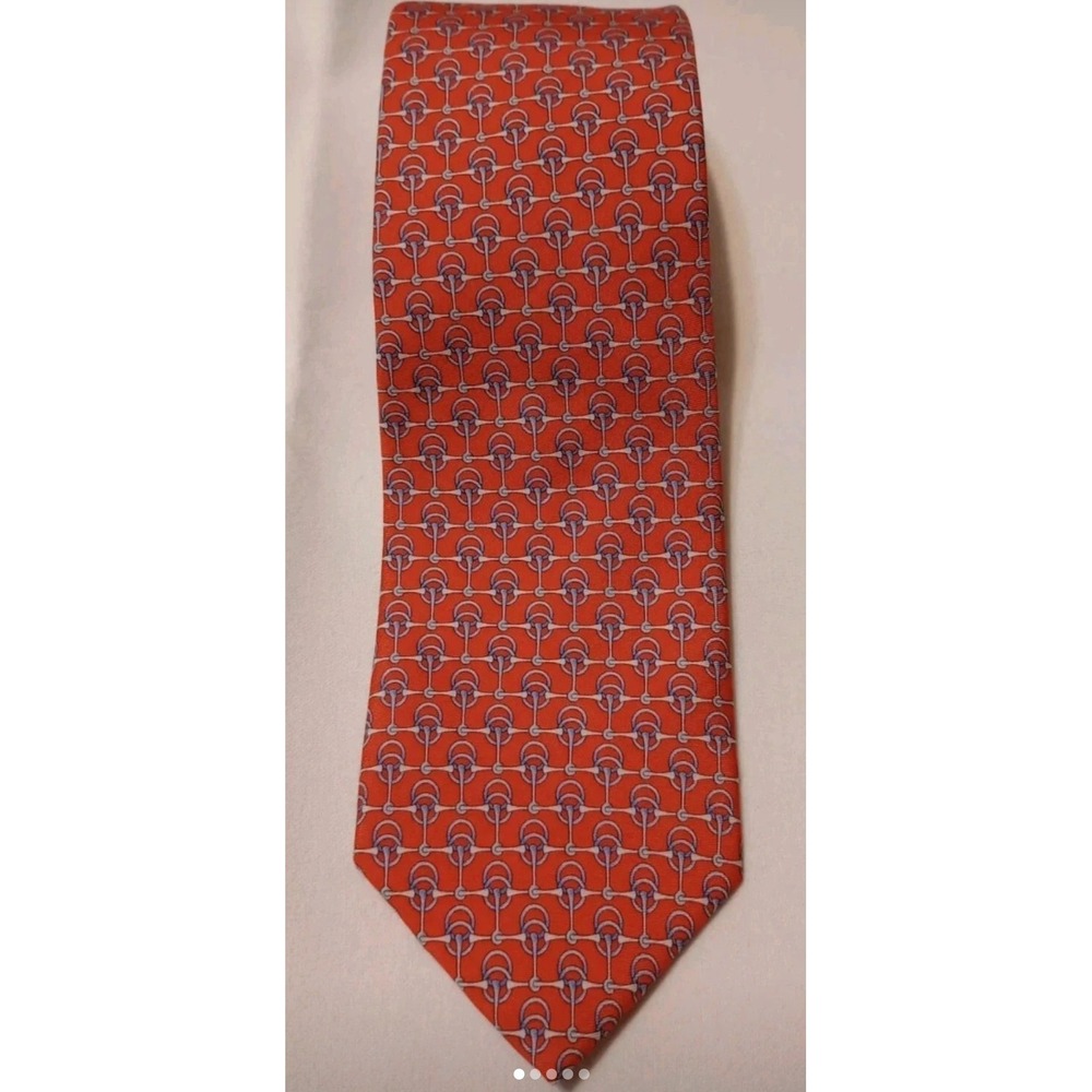 Brooks Brothers 346 Mens Silk Tie Orange Blue Equestrian Bit Stirrup Pattern USA